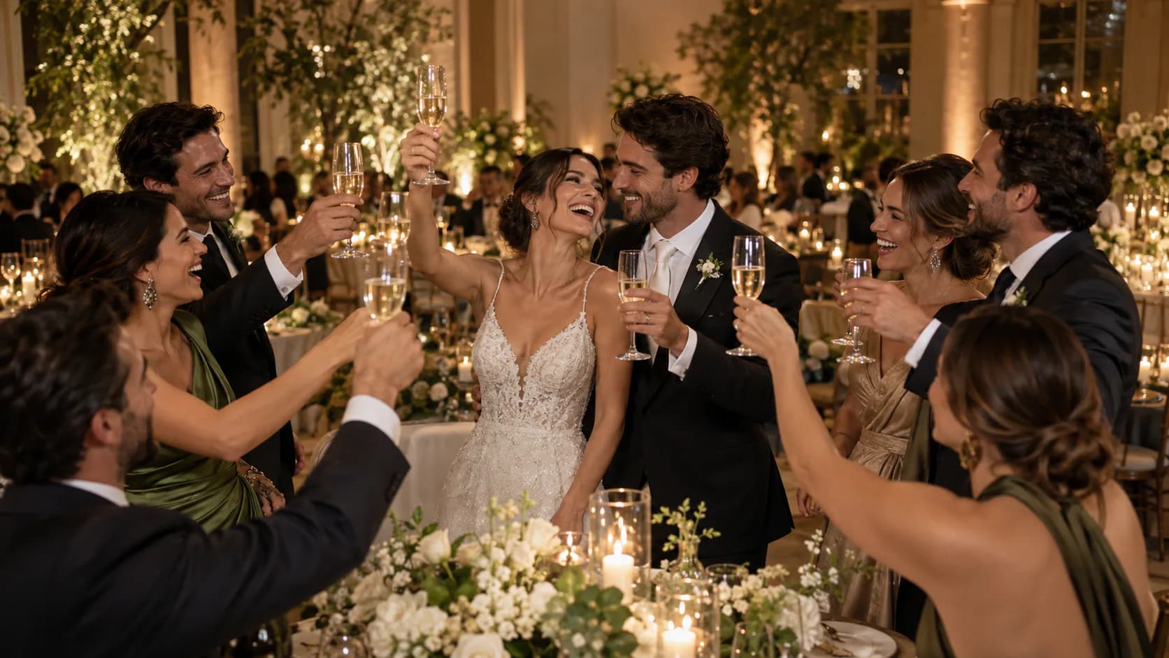 Casal e amigos celebrando juntos em uma recepção sofisticada