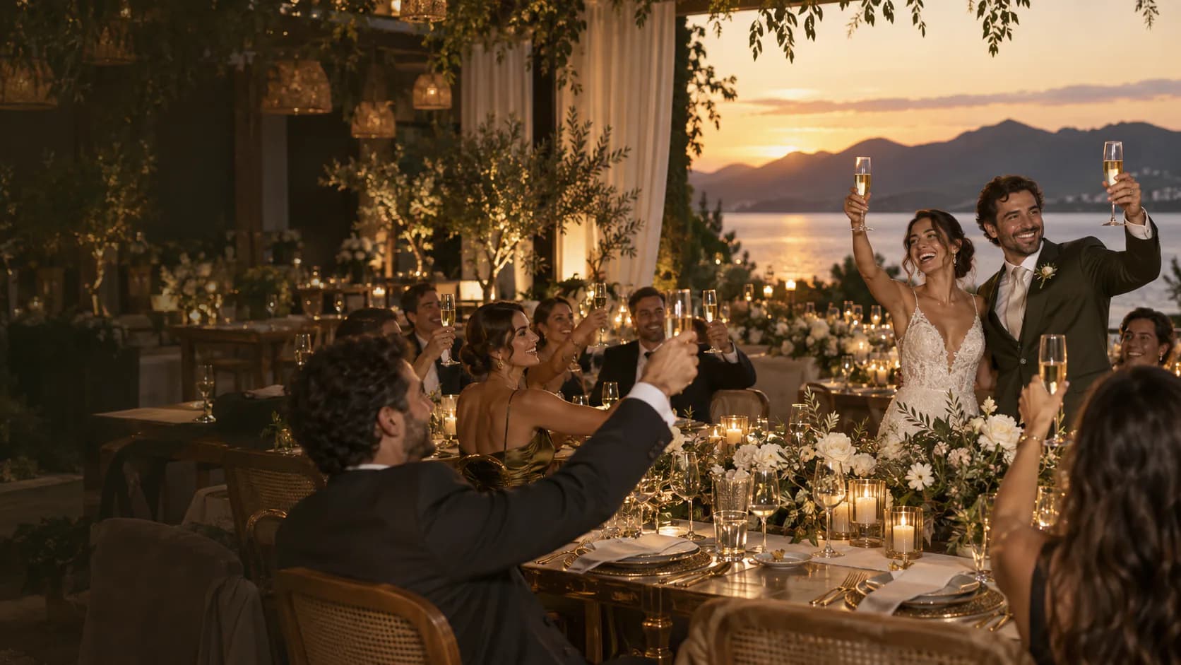 Casal e convidados brindando em uma recepção elegante ao entardecer